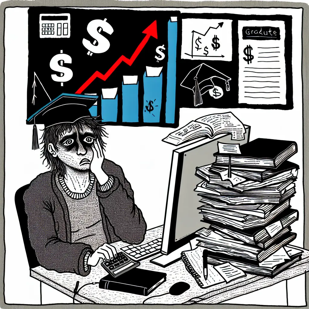 Graduate student working late on a laptop, surrounded by books and coffee cups, representing the financial stress of thesis research