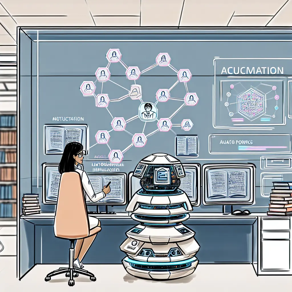 Futuristic academic setting with holographic displays showing AI-powered research networks and collaboration