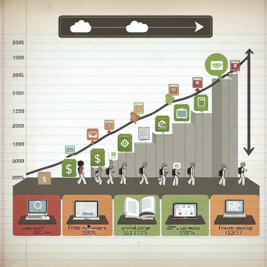 Futuristic visualization showing the growth trajectory of free academic software adoption from 2020 to 2027, with AI and cloud-based tools leading the transformation