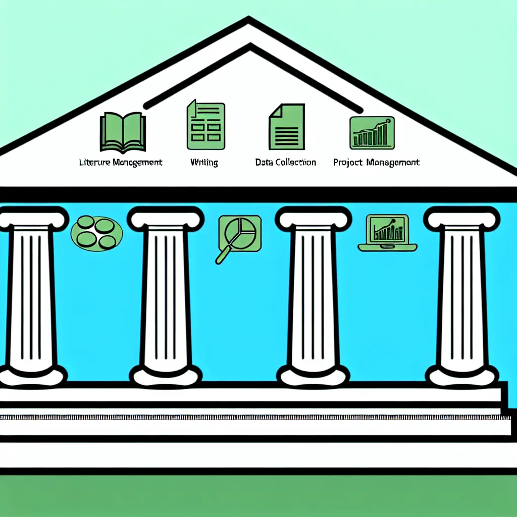 Infographic showing six interconnected pillars of free academic software: Literature Management, Writing Tools, Data Collection, Statistical Analysis, Project Management, and Presentations