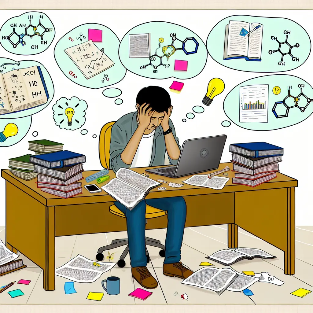 Graduate student overwhelmed by research papers and laptop, representing the challenge of thesis topic selection
