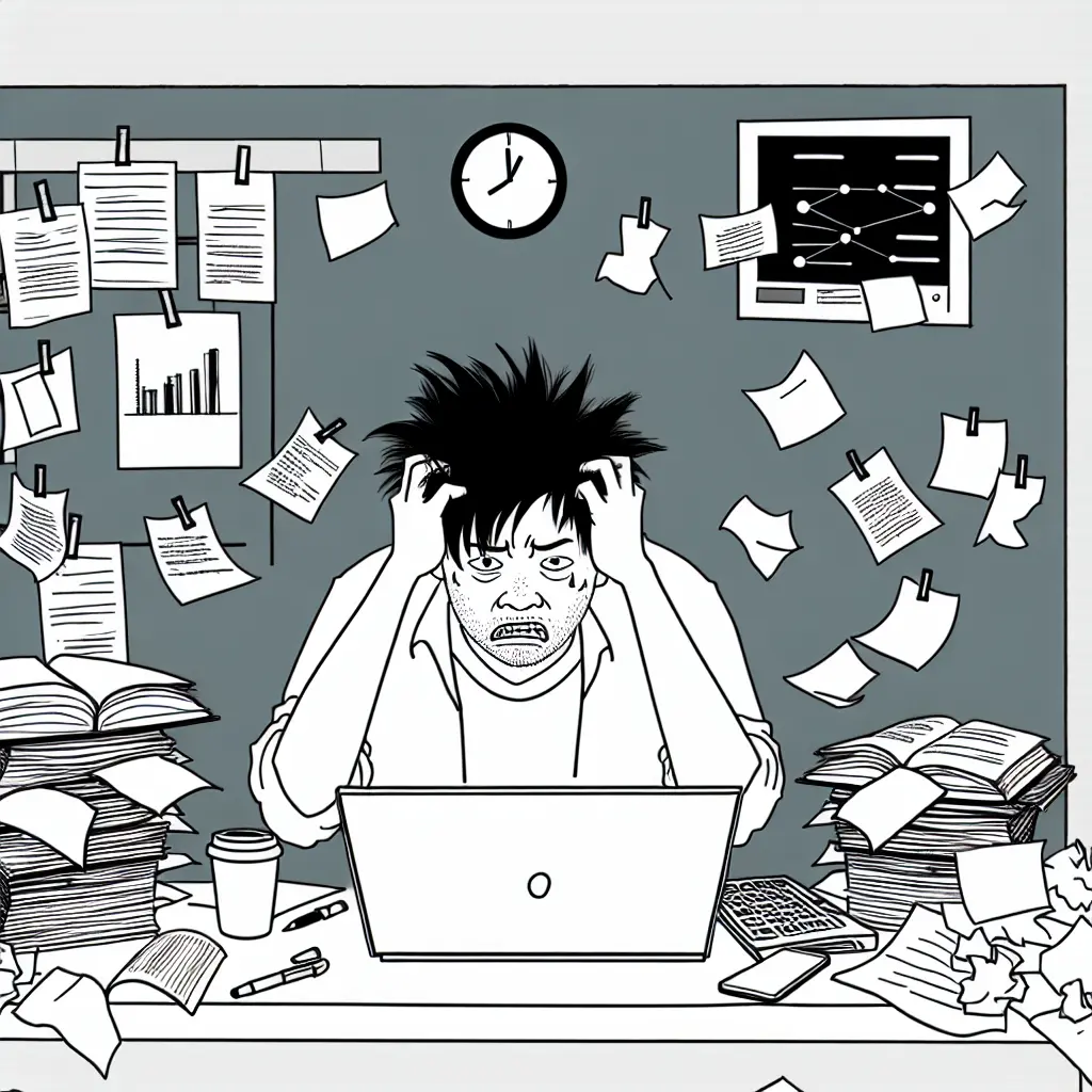 Overwhelmed researcher surrounded by papers and multiple screens at 2 AM, capturing the struggle of traditional literature review methods