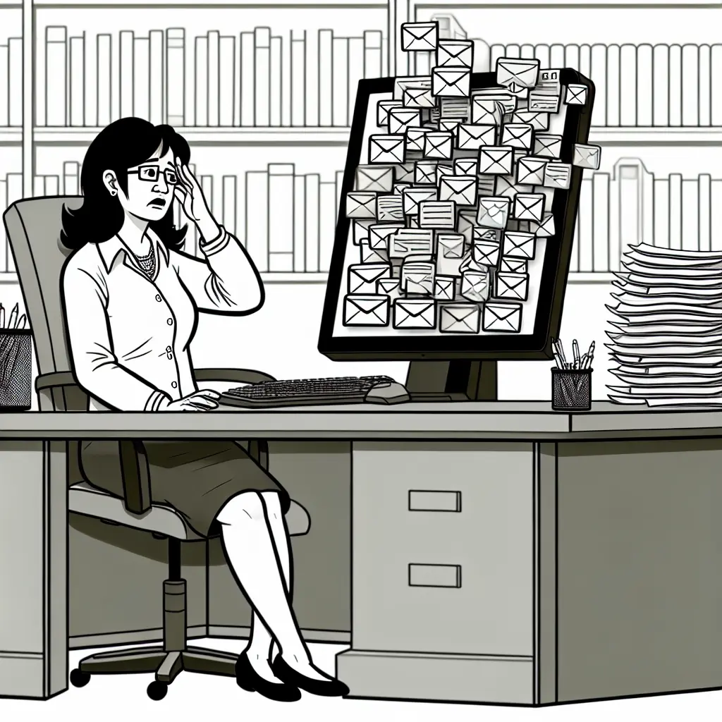 Professor overwhelmed by digital communication with multiple screens showing overflowing email inbox