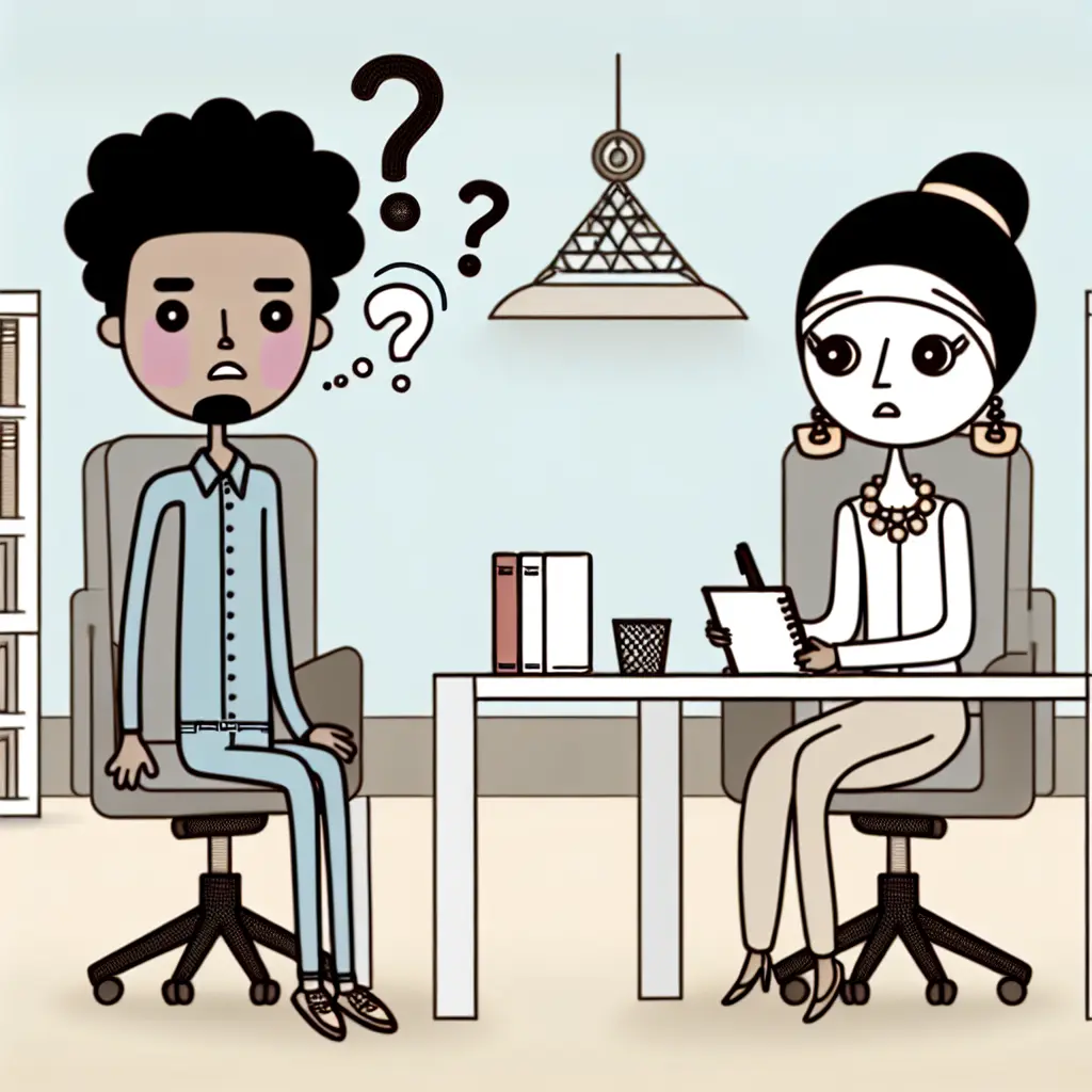 Confused graduate student meeting with thesis advisor in office setting