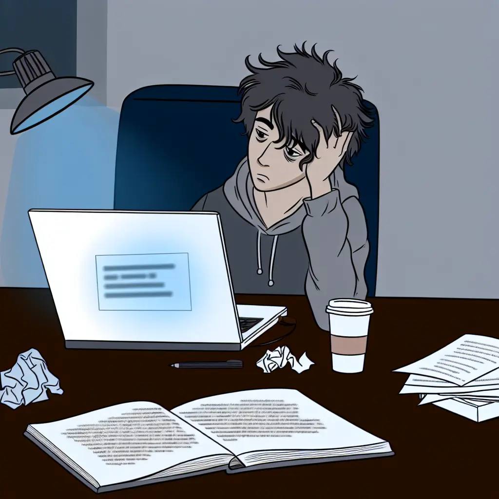 Frustrated student working late at night surrounded by coffee cups and research papers