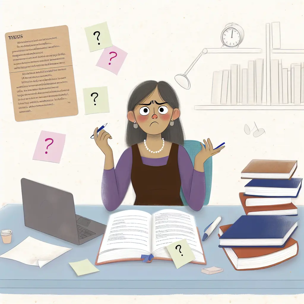 Graduate student overwhelmed by scattered research papers and notes on desk