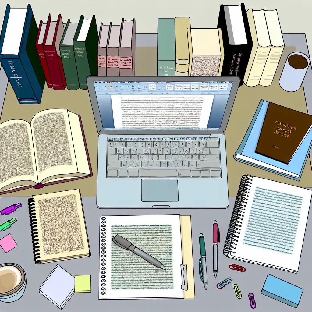 An organized research workspace featuring open books, laptop, and neat stacks of academic papers