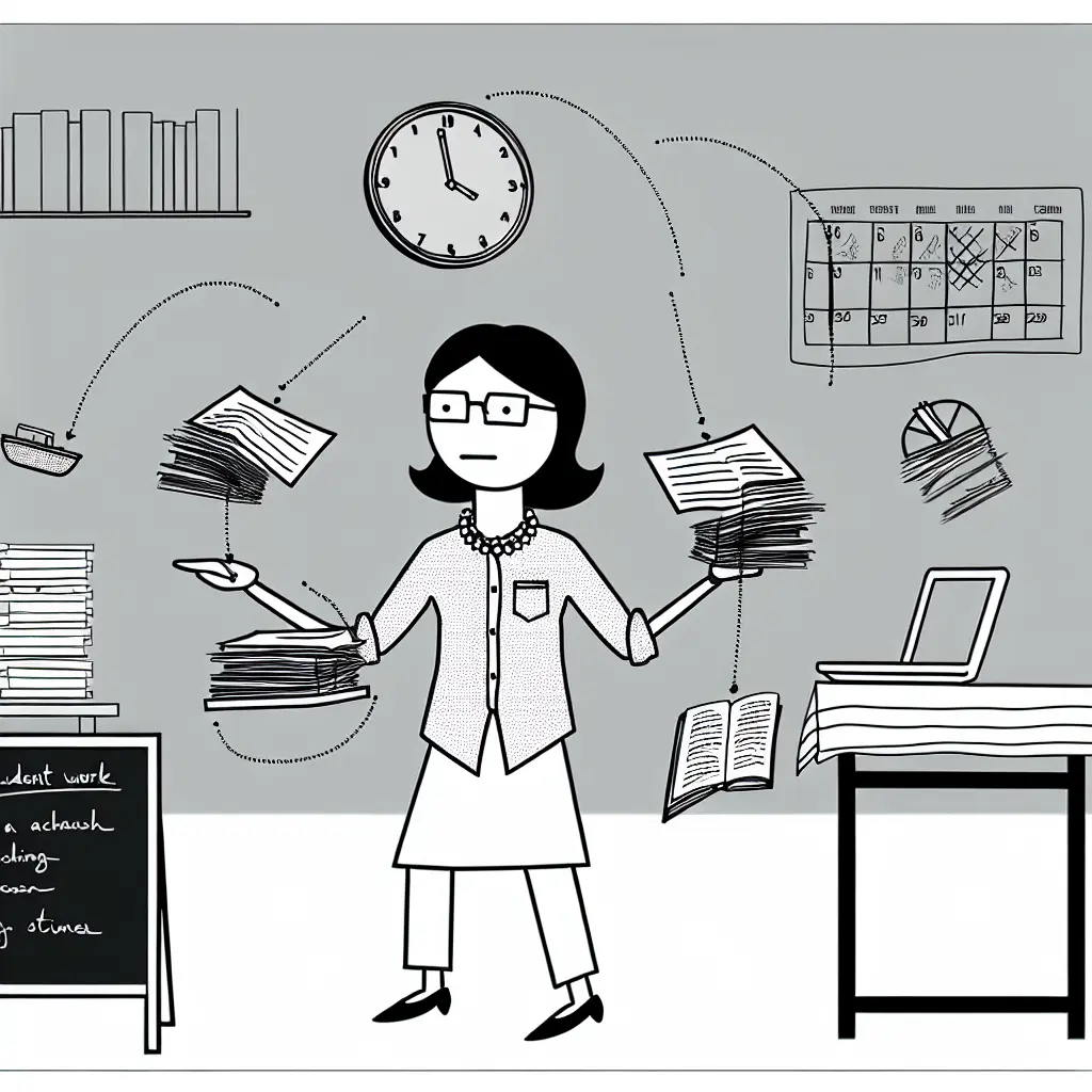 Overwhelmed professor surrounded by stacks of papers and multiple computer screens showing student work