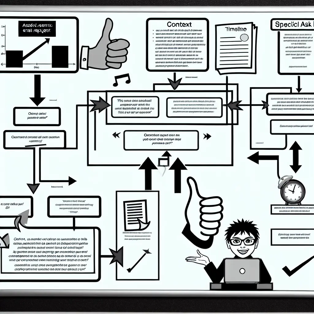 Professional email interface showing well-structured feedback request with highlighted sections for context, specific ask, and timeline