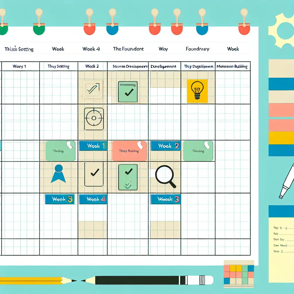 A thirty-day calendar with detailed planning notes and milestones marked
