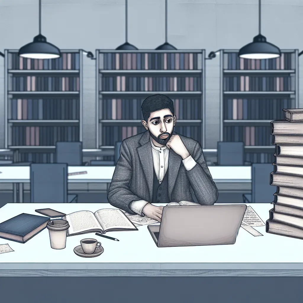 A lonely student writing their thesis in isolation, surrounded by scattered papers and books