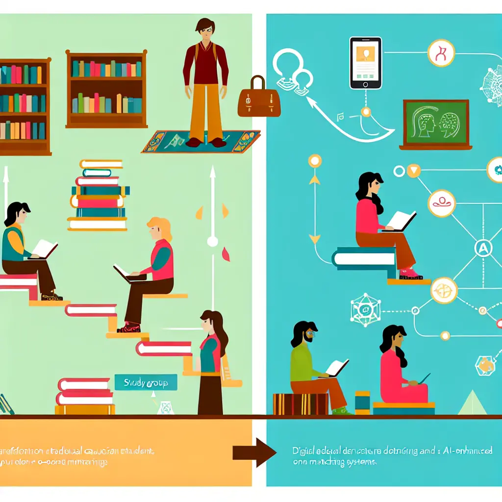 Modern academic support system with digital tools, collaborative spaces, and interconnected student networks