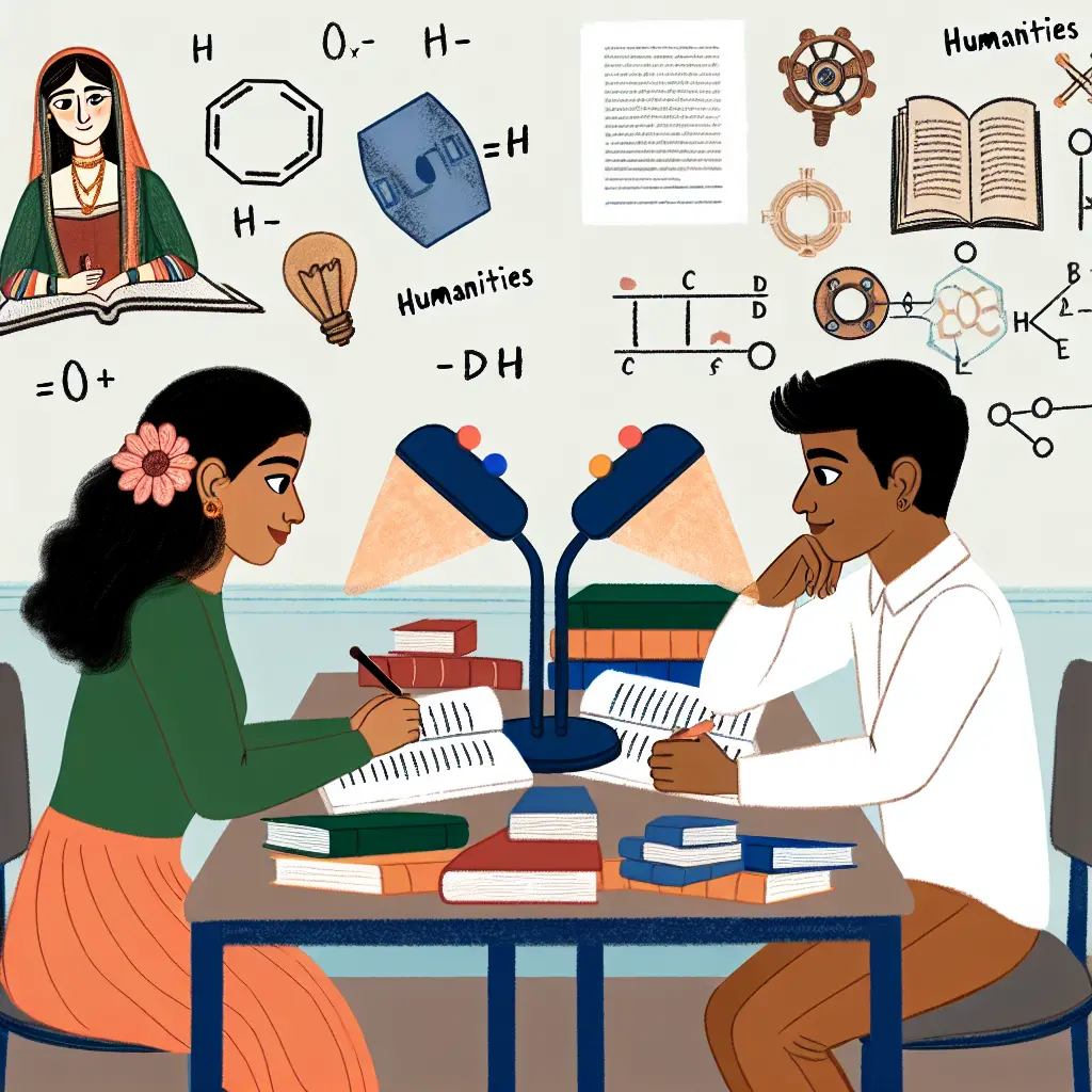 Students from different academic disciplines - literature, science, and business - collaborating and sharing ideas across their diverse fields