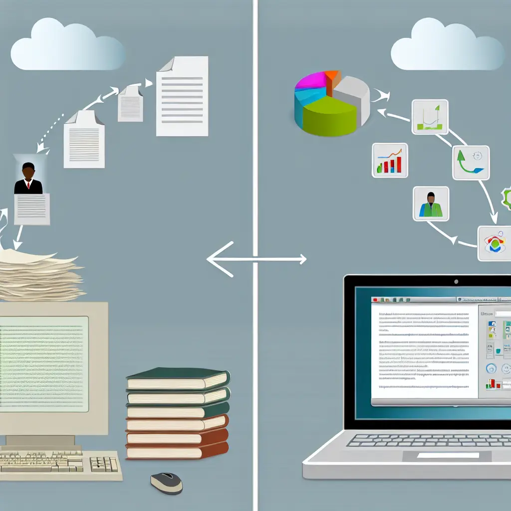 Modern student working with digital transformation tools for academic thesis writing, showing contrast between traditional and digital research methods