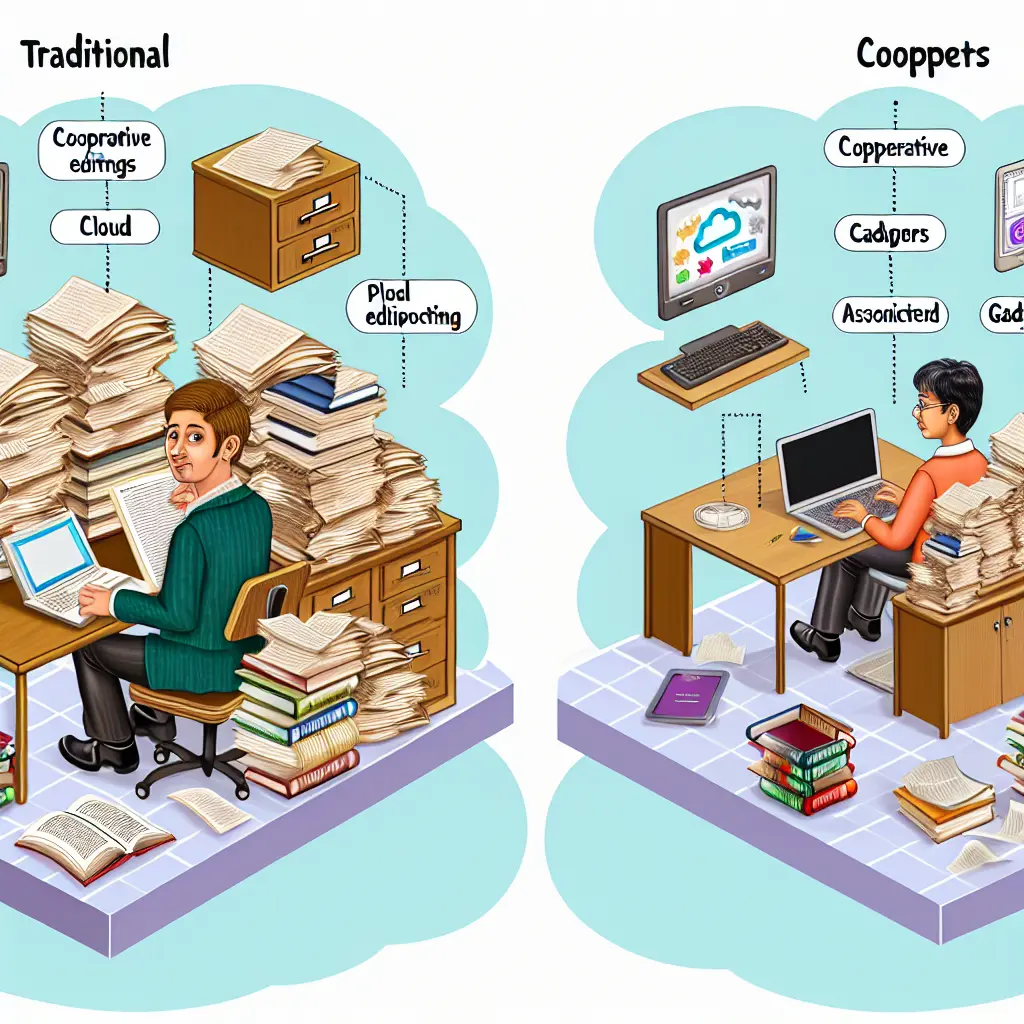 Side-by-side comparison showing traditional paper-based research methods versus modern digital collaborative research platforms