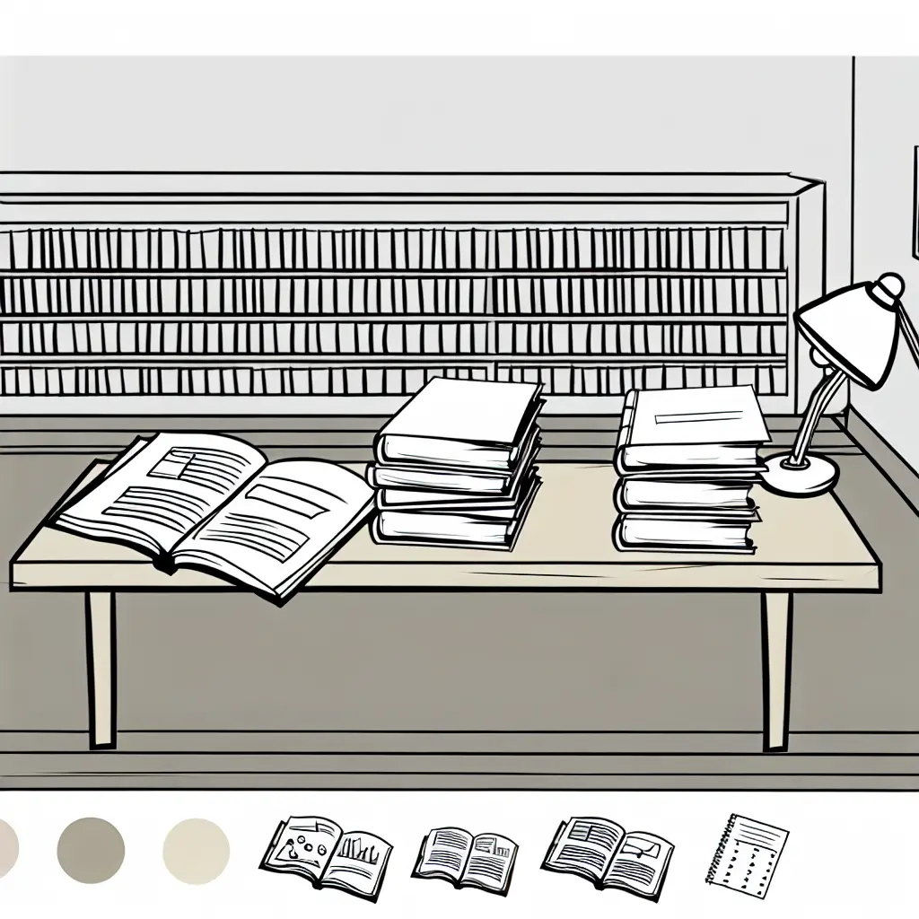Carefully organized academic research materials and books in a scholarly library environment