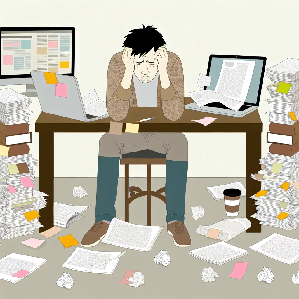 Stressed student working late at computer surrounded by scattered research papers and coffee cups