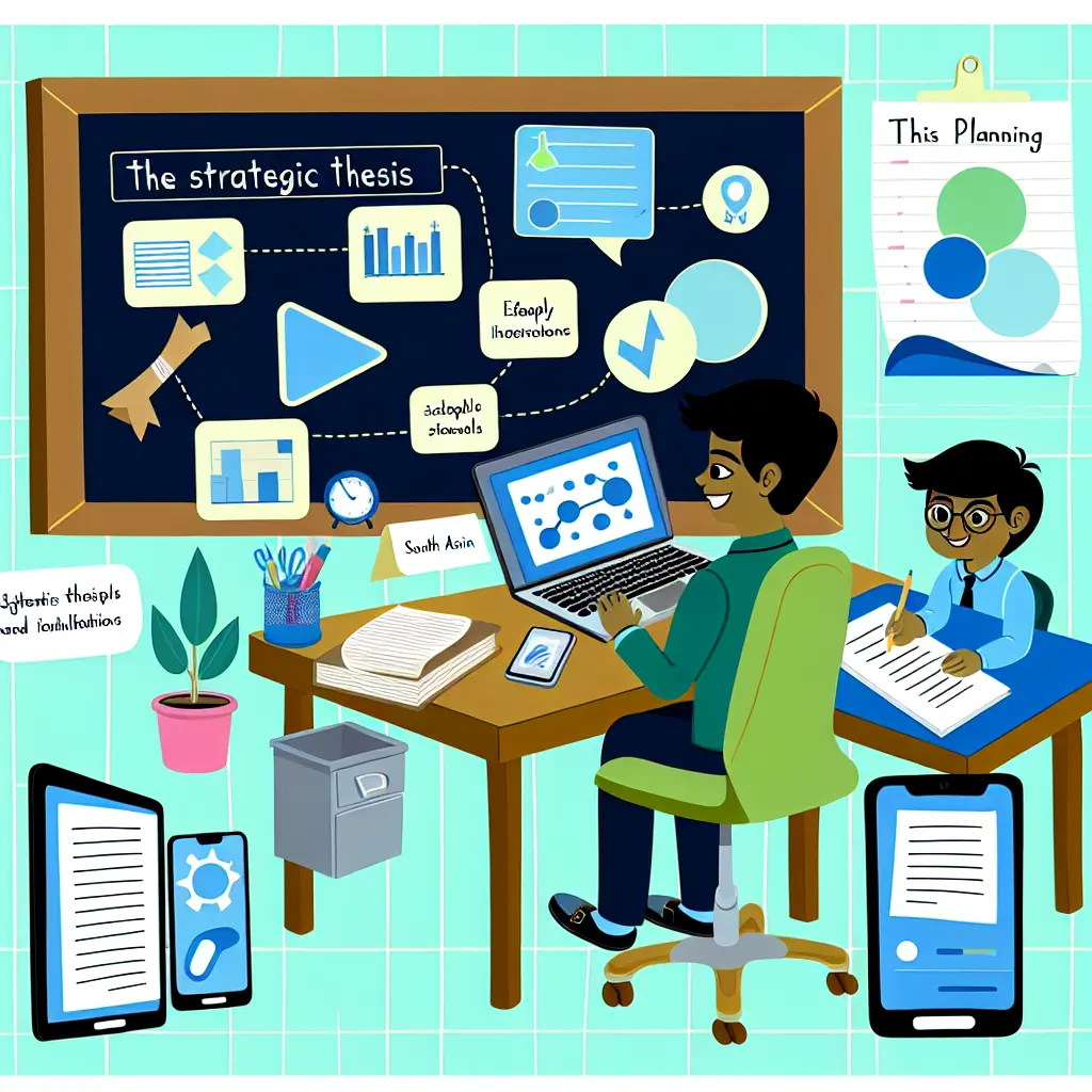 Future of thesis planning showing students using technology, AI tools, and strategic frameworks in a modern academic setting