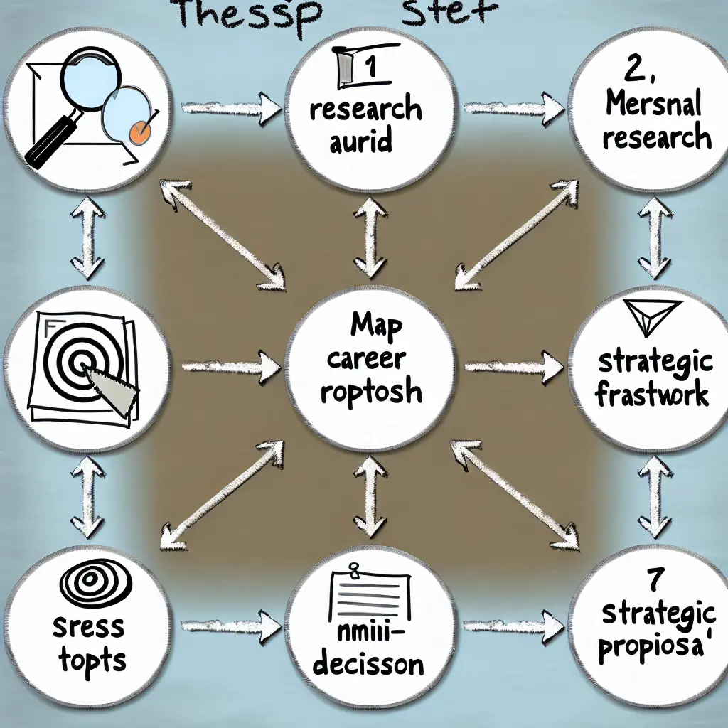 Seven-step thesis topic selection strategy illustrated as an organized flowchart