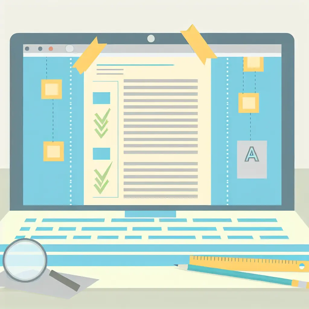 Laptop displaying formatted dissertation with margin guides, heading hierarchy, and formatting checklist alongside ruler and font icons