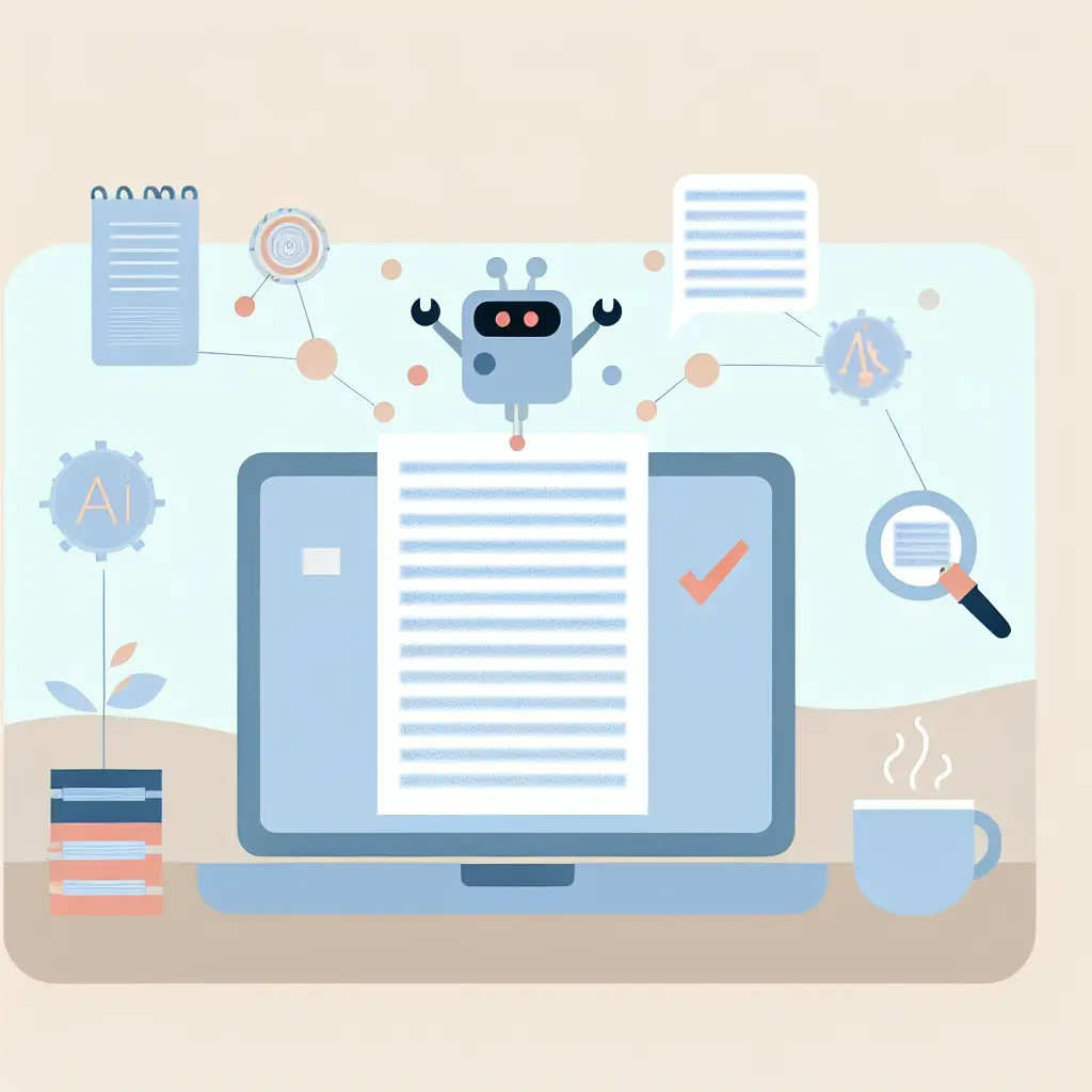 Visual representation of AI thesis editing workspace showing laptop with document and floating AI assistance elements