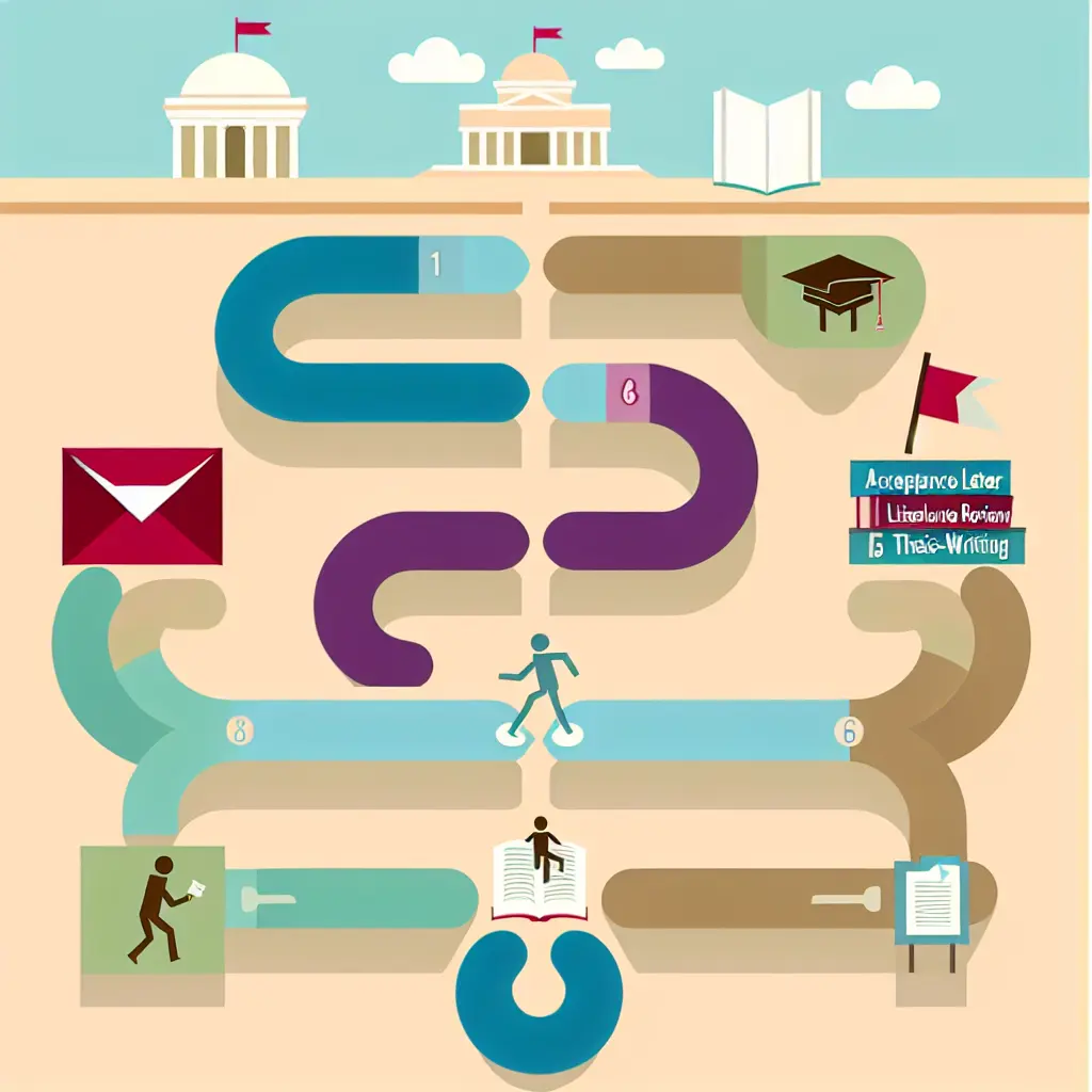 A visual roadmap showing the PhD journey at Cambridge, with clear milestones from acceptance to thesis completion