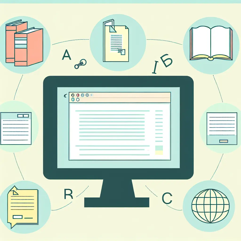 Computer screen showing organized reference list with alphabetical entries, surrounded by icons representing books, journals, websites, and citation format symbols