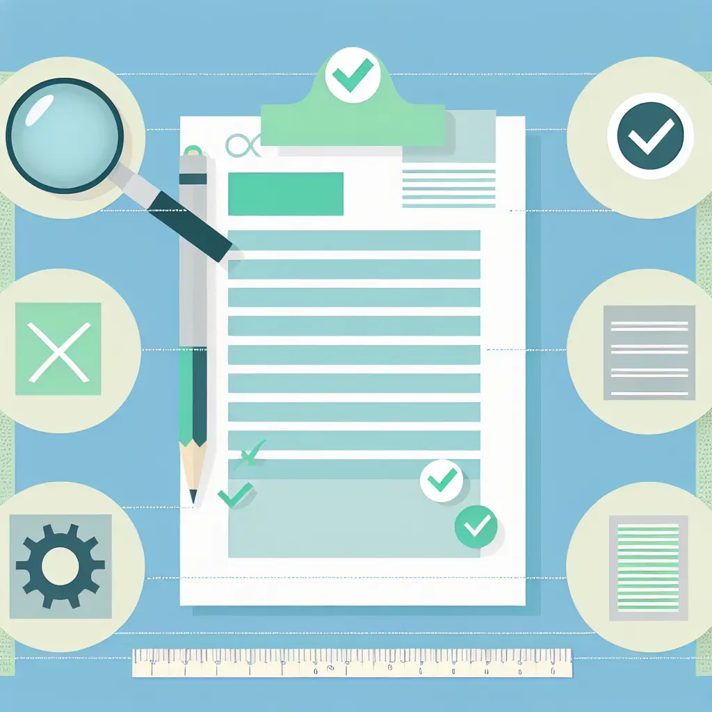 Dissertation document surrounded by quality check symbols including magnifying glass, checklist with checkmarks, ruler, style consistency icon, and PDF validation badge