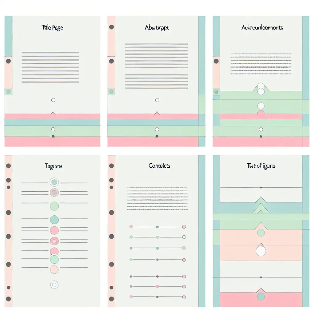 Fanned stack of dissertation preliminary pages showing Title Page, Abstract, Declaration, Acknowledgements, Table of Contents, and List of Figures in numbered order