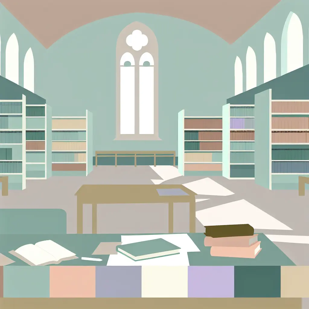 Peaceful academic library interior with tall bookshelves and natural light streaming through arched windows