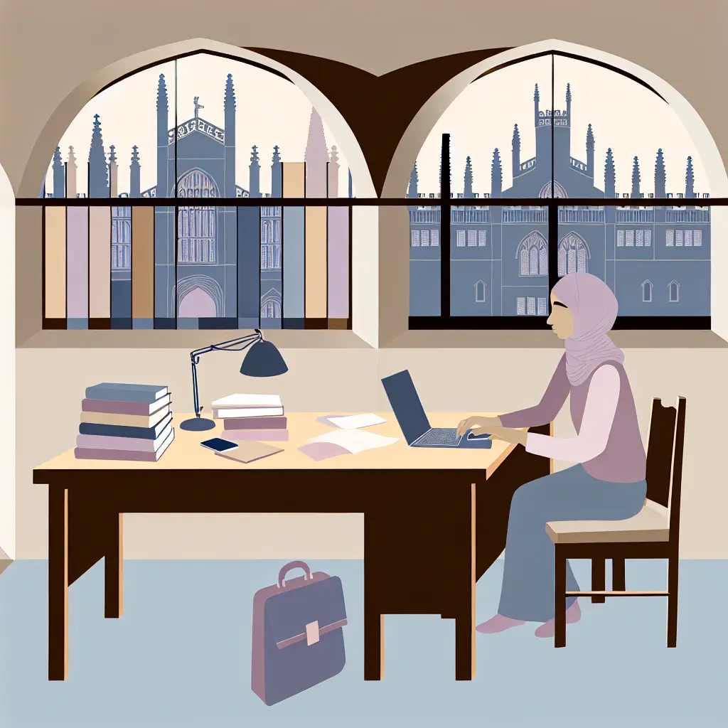 Student working thoughtfully on dissertation in Oxford setting with dreaming spires visible through window