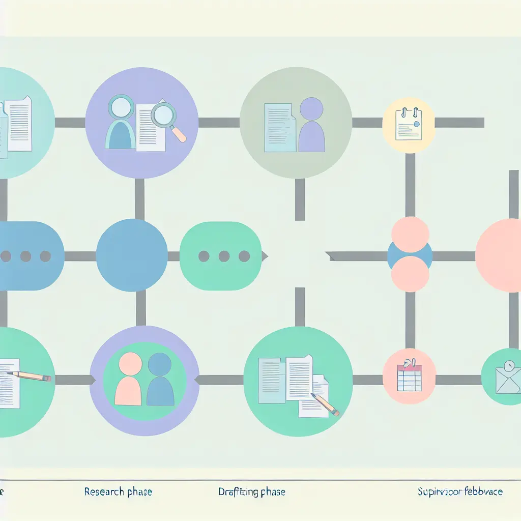 Visual timeline showing progressive stages of thesis documentation from research to final submission