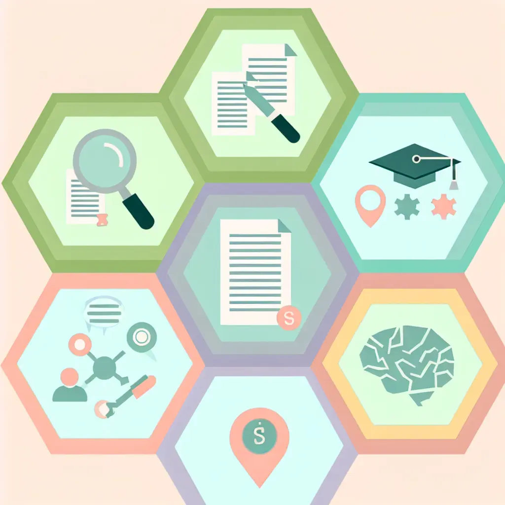 Six essential categories of thesis writing tools arranged in a circular layout