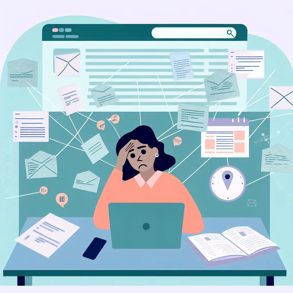 Student overwhelmed by thesis writing chaos with floating browser tabs and scattered papers