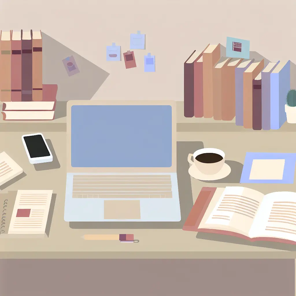 An organized, inspiring PhD workspace with laptop, books, and coffee